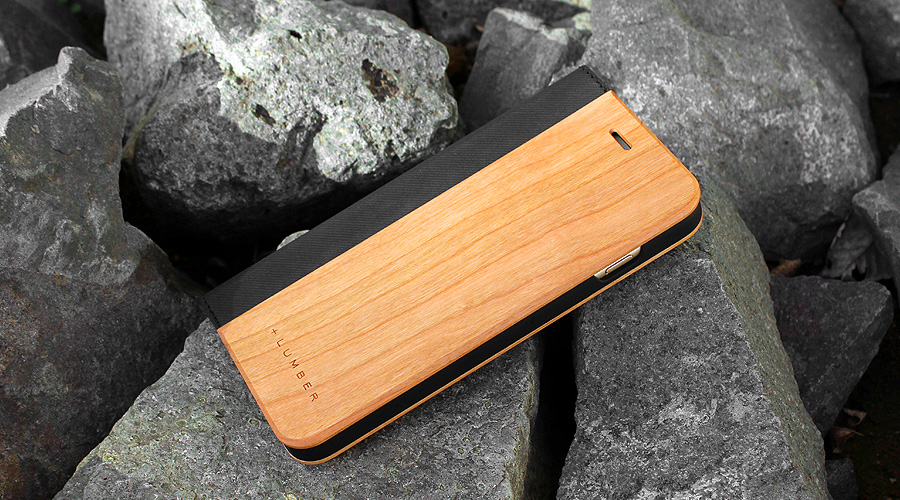 iPhone8/7/6Plus用 木製手帳型スマートフォンケース　チェリー