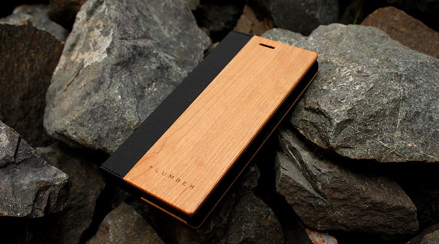 Xperia xz用 木製手帳型スマートフォンケース　チェリー